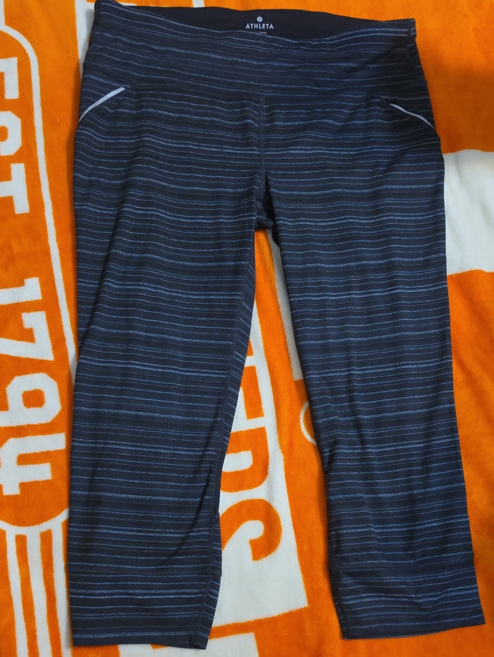 Athleta Navy and Light Blue Striped Cropped Leggings